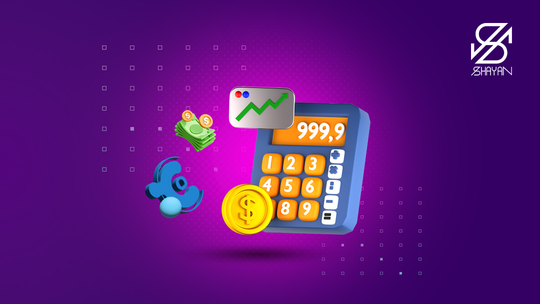 تصویر طراحی شده یک ماشین حساب در حال بررسی و محاسبه کارمزد صرافی کوین کده به همراه نمودار رو به رشد تردینیگ 