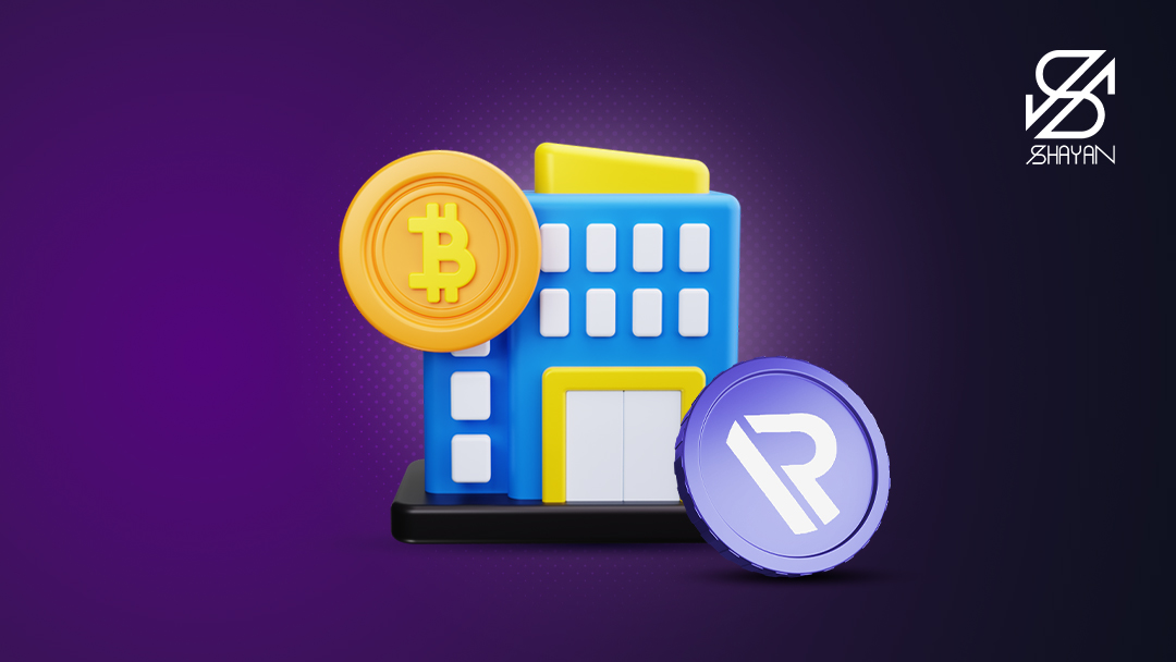 تصویر طراحی شده ساختمانی که گویی دفتر صرافی ریون اکس است به همراه لوگوی این صرافی و سکه بیت کوین در کنار آن