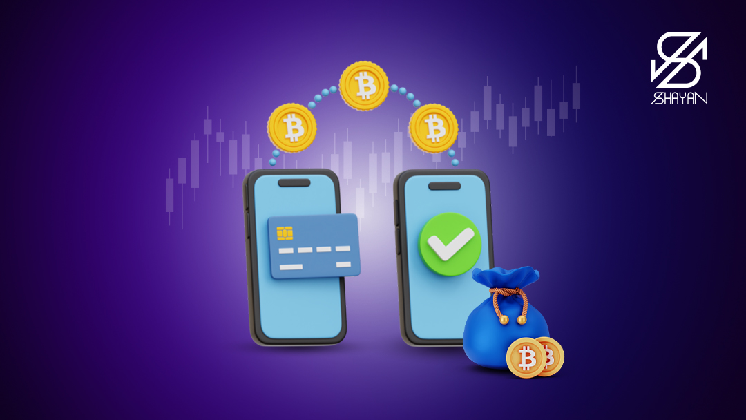 تصویر طراحی شده دو صفحه موبایل که روی یکی نماد کارت اعتباری و روی دیگری تیک سبز رنگ است و سکه‌های ارز دیجیتال در بین این دو در حال انتقال هستند 