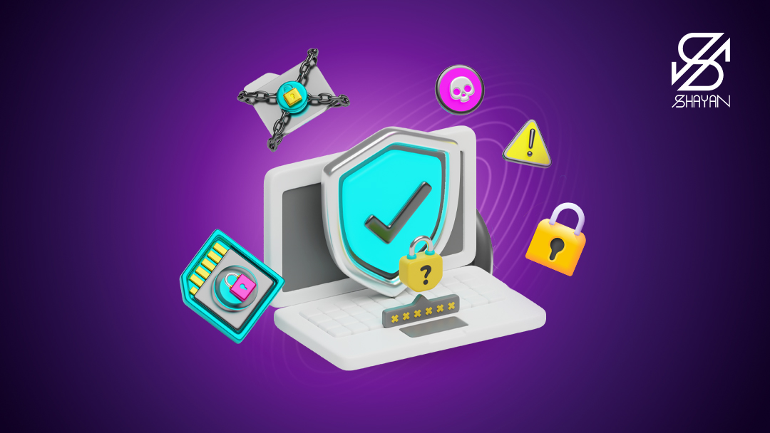 تصویر طراحی شده یک لپتاپ به همراه تیک آبی رنگ و بزرگ امنیت روی آن دیگر نمادهای ارتقای امنیت حساب در صرافی اریترون مانند قفل و پوشه‌های زنجیر شده 