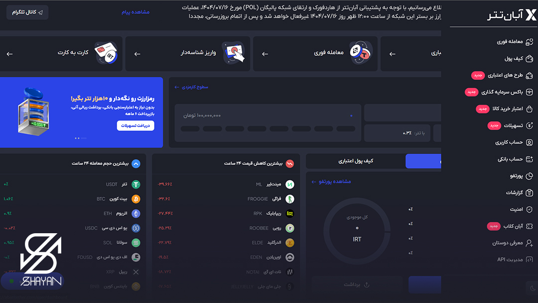 تصویری از صفحه کاربری صرافی آبان تتر 