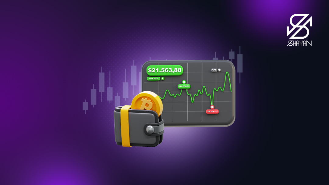 تصویر طراحی شده نمودارهای رو به رشد تریدنیگ به همراه یک کیف پول و سکه بیت کوین 