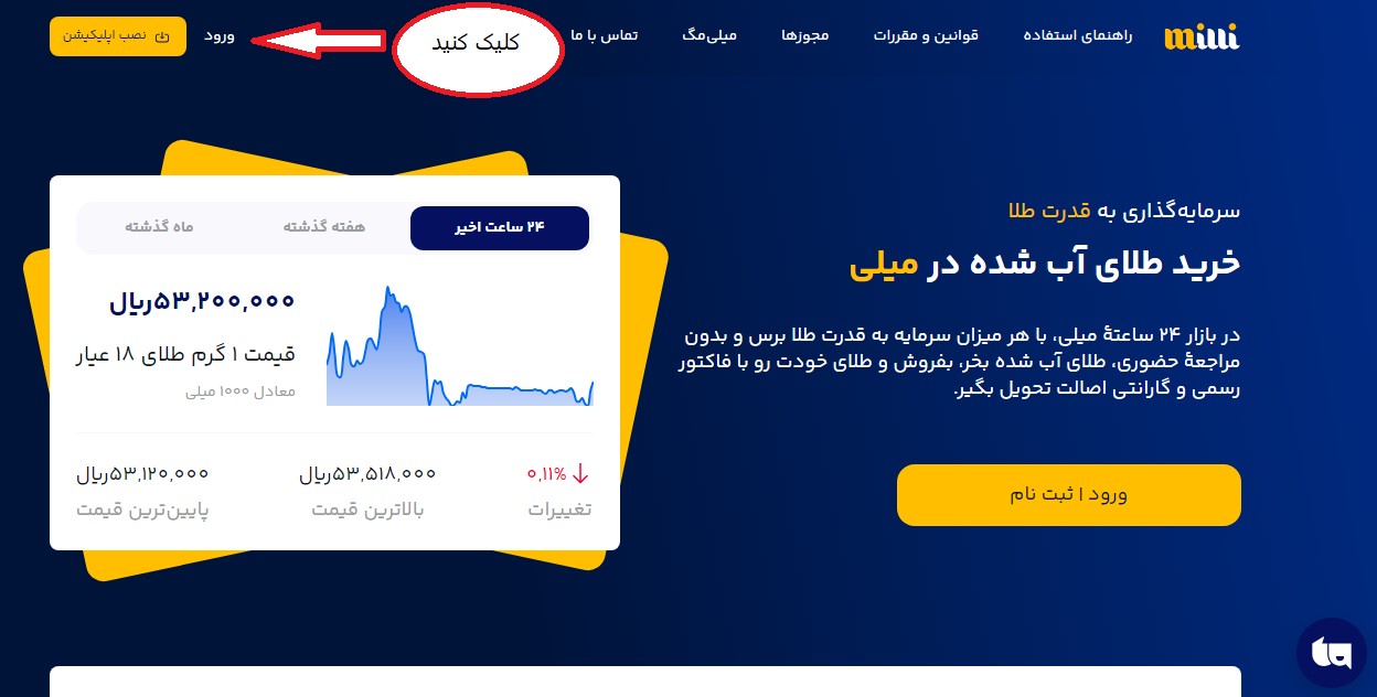 تصویر صفحه کاربری سایت کیلی گلد در حالی که فلش گزینه ورود و ثبت نام را نشان می‌دهد 