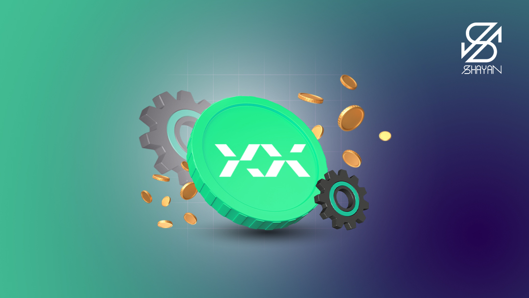 لوگوی صرافی بیت پین به همراه دو چذخ دنده بزرگ در کنار آن و سکه رزهای دیجیتال در پس زمینه 