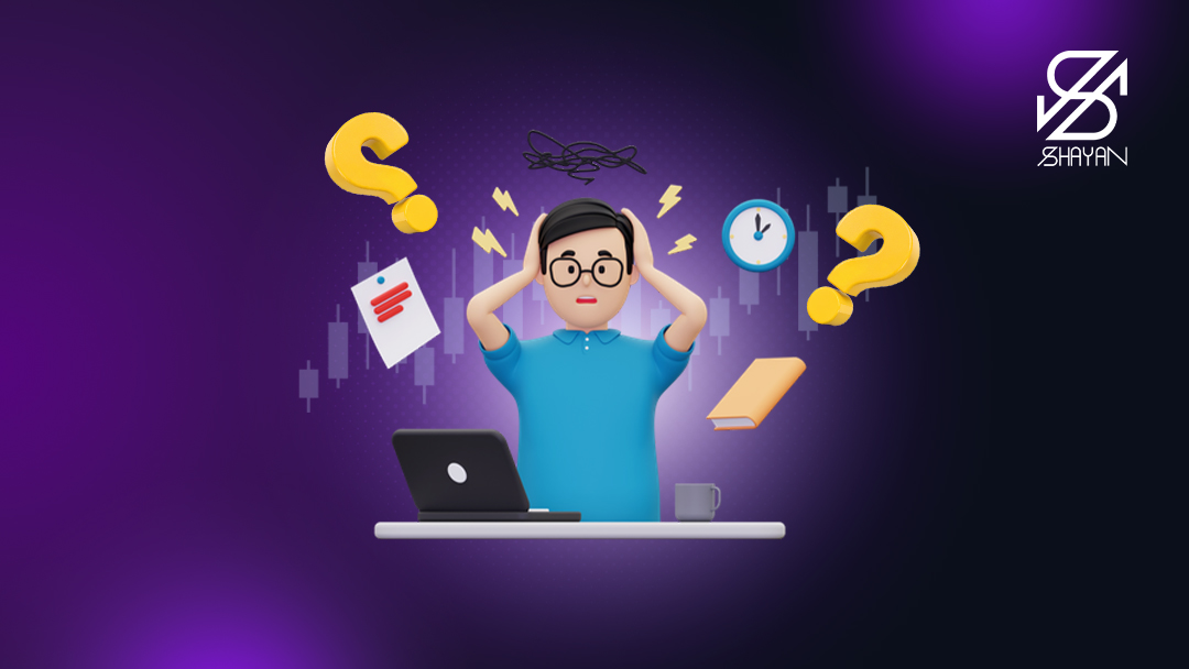 تصویر طراحی شده آدمکی که پشت لپتاپ نشسته و از عدم پاسخگویی مناسب صرافی کوین لوکالی کلافه شده است به همراه علامت سوال‌ها بالای سر او 