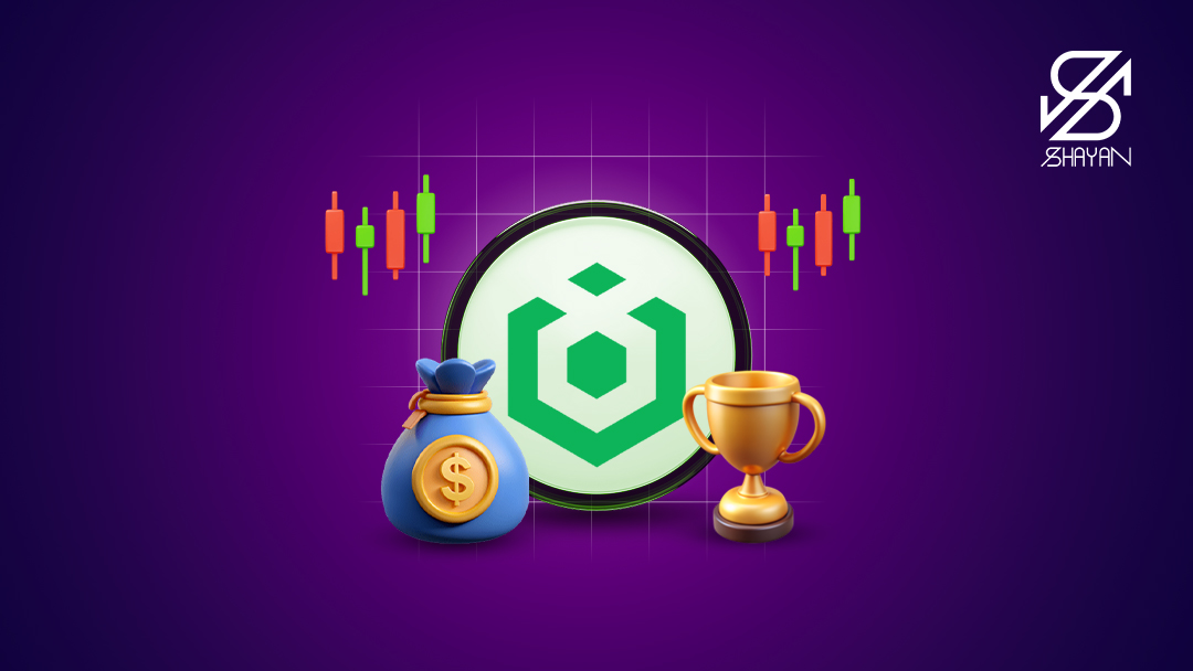 لوگوی صرافی اوربیت به همراه یک کاپ قهرمانی طلایی رنگ و یک کیسه ارز دیجیتال در کنار آن و نمودارهای تریدینگ در پس زمینه 