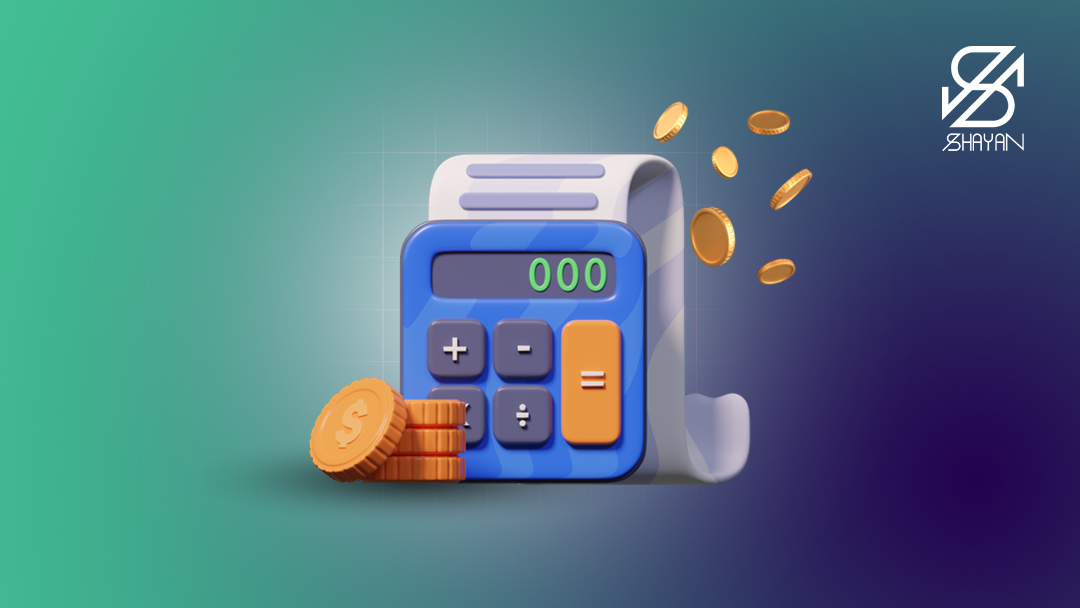 تصویر طراحی شده یک ماشین حساب در حالی که رسید تراکنش‌های صرافی بیت پین از آن بیرون آمده است و سکه ارزهای دیجیتال در کنارش 