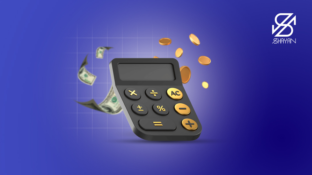 تصویر طراحی شده یک ماشین حساب در حال بررسی وضعیت کارمزد در صرافی زرپاد به همراه سکه‌های طلا و اسکناس‌های دلار در پس زمینه 