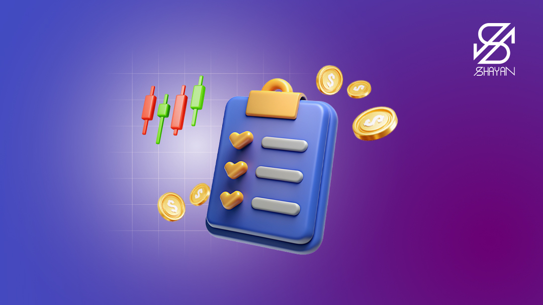 تصویر طراحی شده یک چک لیست که در مقابل موارد ان تیک طلایی رنگ خورده است به همراه سکه‌های بیت کوین و کندل‌های معاملاتی فارکس در پس زمینه 