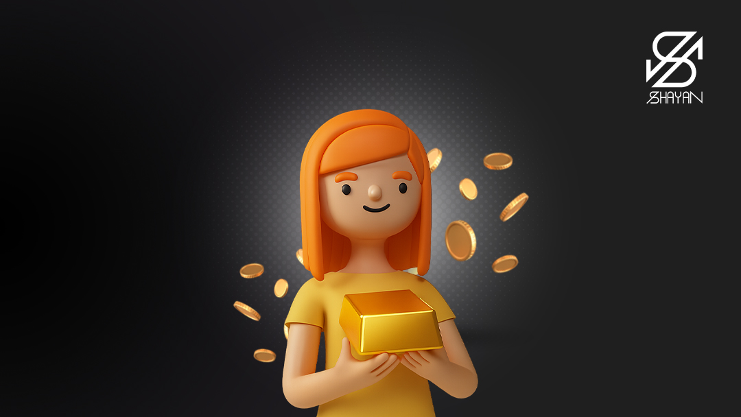 تصویر طراحی شده آدمکی که یک شمش طلای بزرگ را در دست دارد و لبخند میزند به همراه سکههای طلا در پس زمینه
