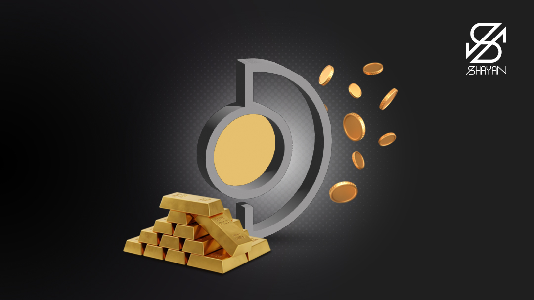 تصویر طراحی شده لوگوی پلتفرم داریک به همراه شمشهای طلا و سکههای طلا در پس زمینه