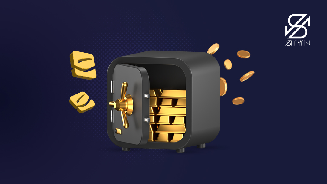 تصویر طراحی شده یک گاوصندوق که شمشهای طلا در آن قرار دارد به همراه لوگوی تکنوگلد