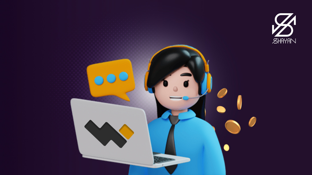 تصویر طراحی شده آدمکی که با پشتیبان وال گلد است و با لپتاپ و هدفون مشغول پاسخگویی به سوالات کاربران این پلتفرم است