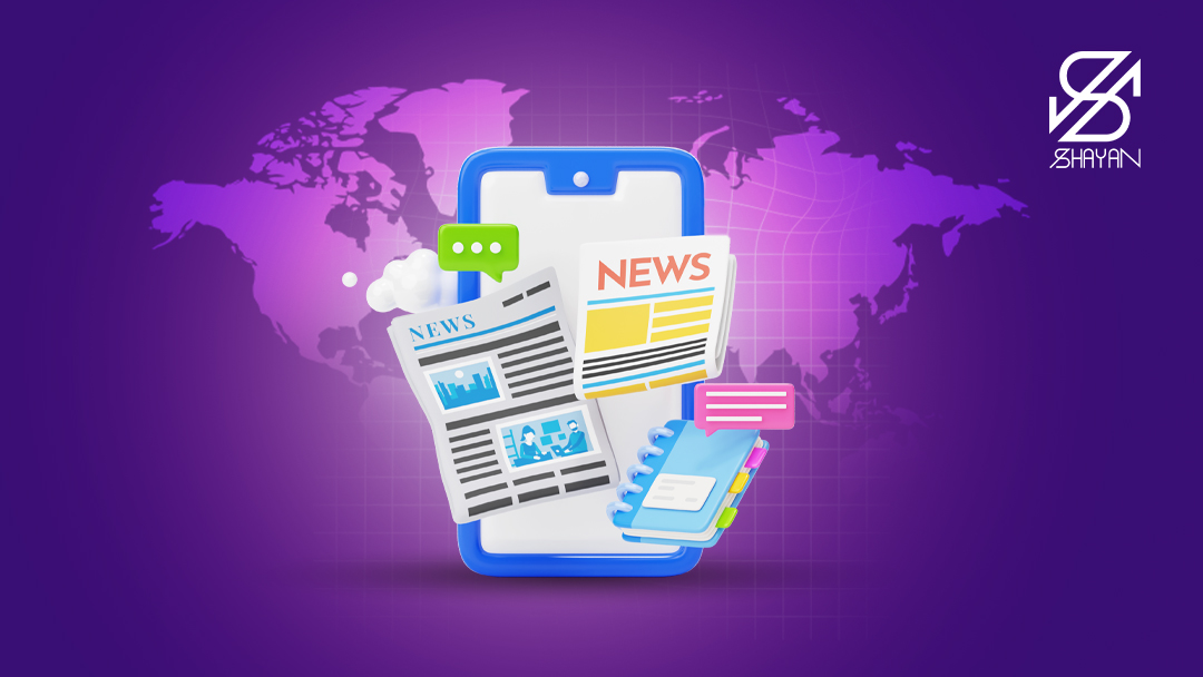 تصویر طراحی شده صفحات روزنامه که از ثفحه لپتاپ بیرون آمدهاند به همراه تصویر نقشه کره زمین در پس زمینه