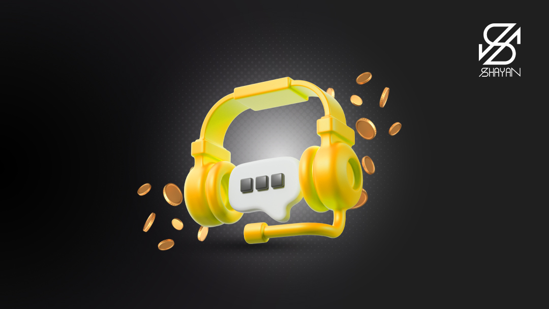 تصویر مینیمال طراحی شده یک صفحه چت که یک هدفون بزرگ روی گوش خود دارد به همراه سکههای طلا در پس زمینه