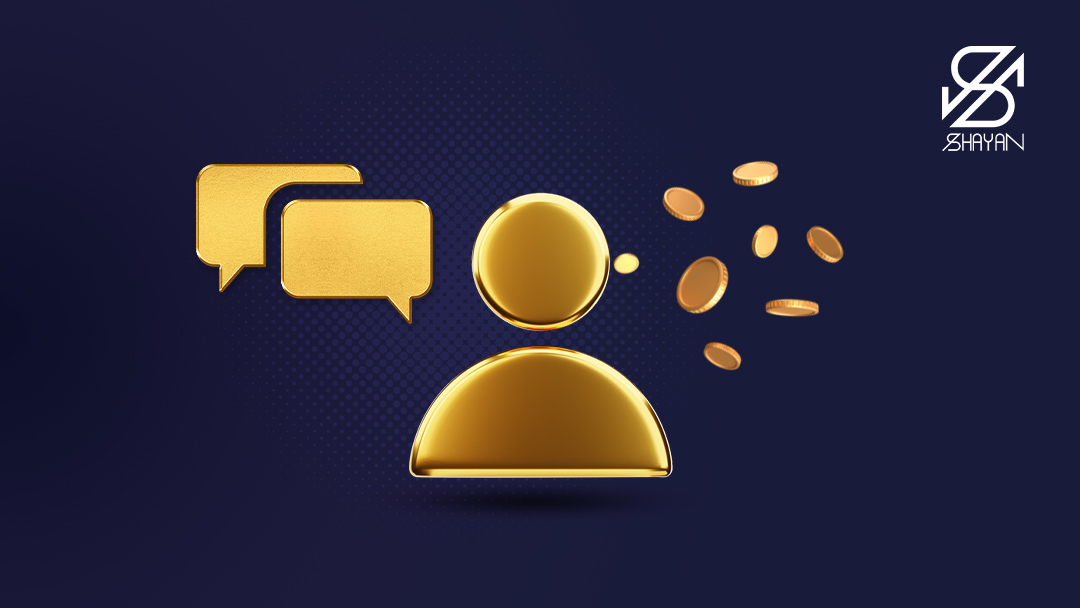 تصویر طراحی شده یک آدمک به همراه صفحه چت در کنار او و سکههای طلا در پس زمینه