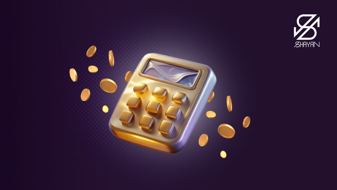 تصویر طراحی شده یک ماشین حساب از جنس طلا به همراه سکه ارزهای دیجیتال در پس زمینه