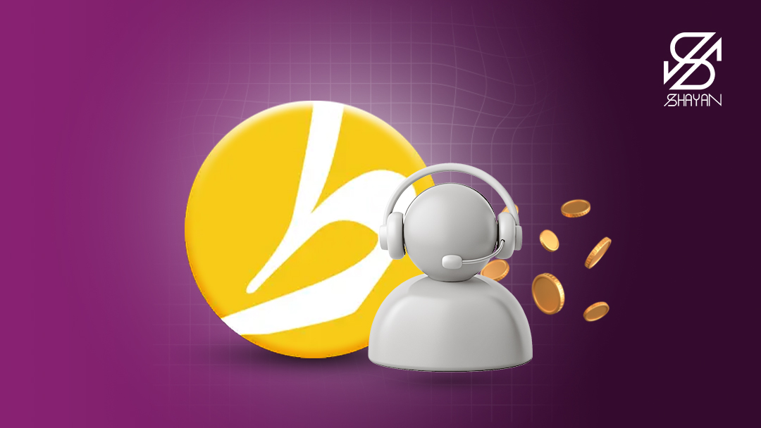 تصویر طراحی شده نیم تنه آدمکی با هدفون در حال پاسخگویی به سوالات کاربران طلاین سکههای ارز دیجیتال در پس زمینه