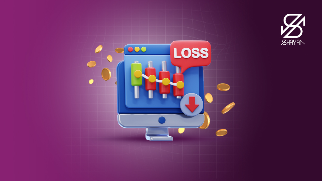 تصویر صفحه کامپیوتری که کندلهای معملاتی در پراپ تریدینگ را به همراه دکمه LOSS نشان میدهد و سکههای طلا در پس زمینه