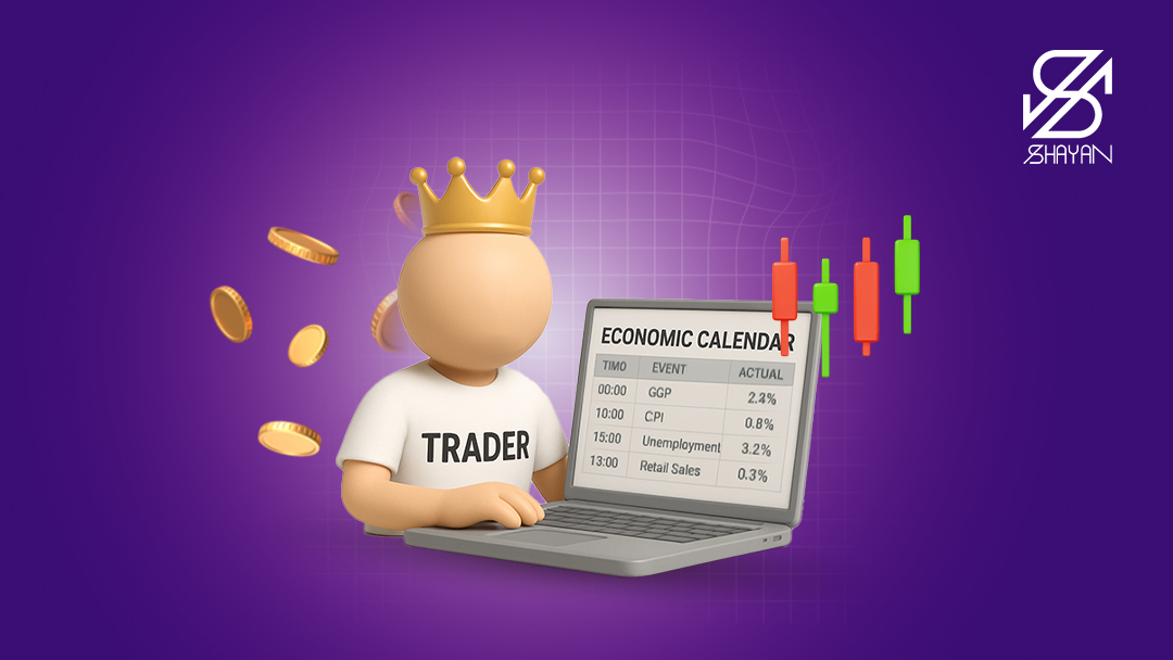 تصویر طراحی شده آدمکی که پای لپتاپ نشسته و تقویمهای اقتصادی را بررسی میکند و تاج طلایی روی سر دارد