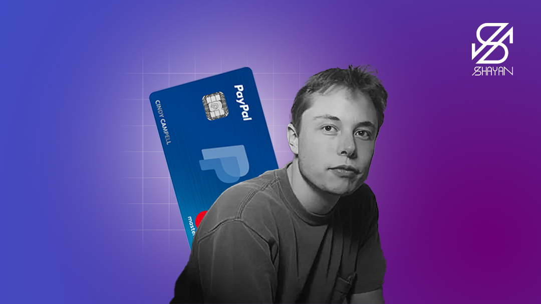 تصویر ایلان ماسک در جوانی به همراه تصویر کارت PAYPAL در پس زمینه