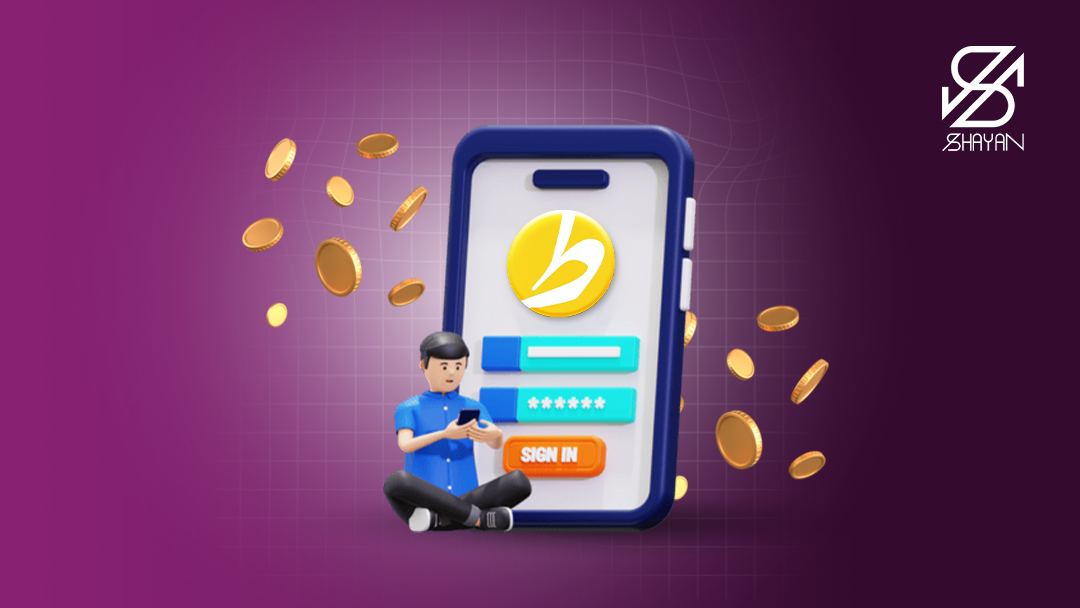 تصویر طراحی شده صفحه ثبت نام در طلاین به همراه رمز عبور و دکمه ثبت نام روی صفحه موبایل و آدمکی که مشغول ثبت نام در این صرافی است