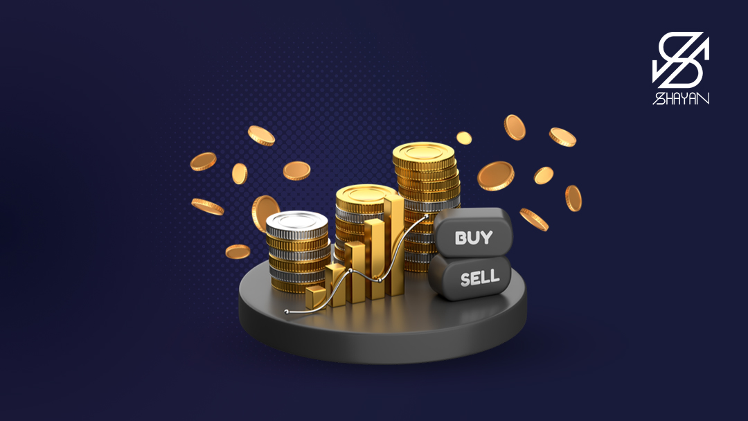 تصویر طراحی شده سه ستون از سکههای طلا به همراه دکمه خرید و فروش در کنار آنها و نمودارهای رو به رشد