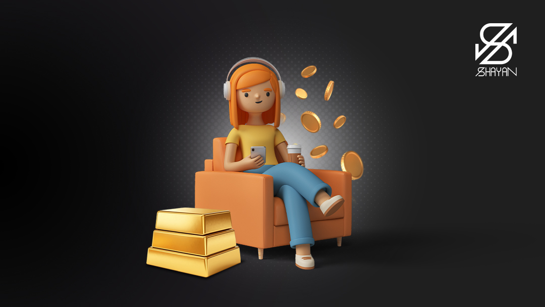 تصویر طراحی شده آدمکی که روی کاناپه نشسته و با گوشی موبایل مشغول خرید و فروش شمش و سکه طلا در پلتفرم داریک است