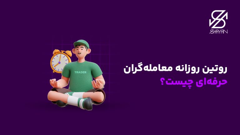 تصویر طراحی شده یک معامله‌گر ارزهای دیجیتال در حال انجام یوگاه به همراه سک ساعت بزرگ در کنار او و عنوان مقاله