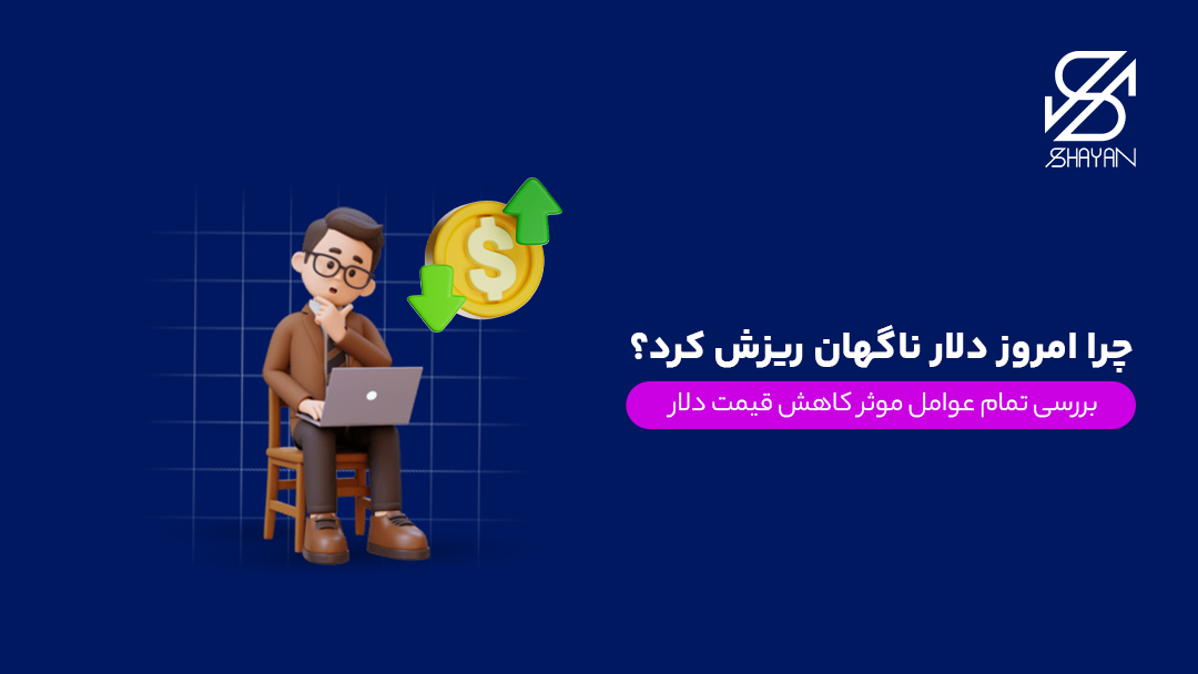 تصویر طراحی شده آدمکی که با تعجب در لپتاپ به کاهش قیمت دلار نگاه می‌کند به همراه سکه طلایی رنگ و عنوان مقاله