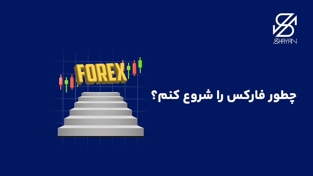 تصویر طراحی شده پلههایی که در انتها به تایپوگرافی فارکس ختم میشوند به همراه کندلهای معاملاتی در پس زمینه و تیتر