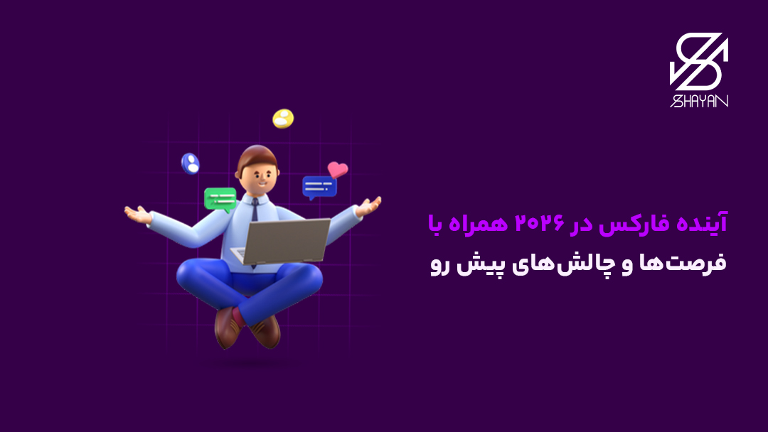 تصویر طراحی شده آدمکی در حال انجام یوگا در حالی که لپتاپ روی پاهای او قرار دارد به همراه نمادها مربوط به حوزه فارکس و تیتر