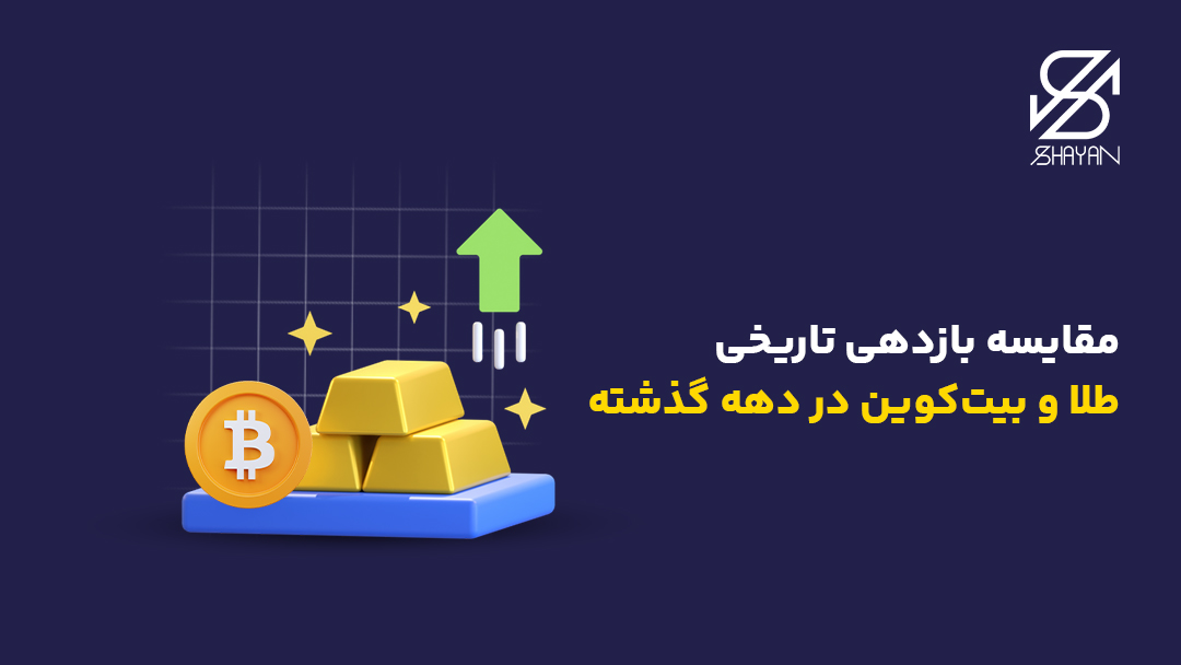تصویر طراحی شده شمش های طا و سکه بیت کوین با یک فلش به نشانه رشد در بازدهی تاریخی و تیتر