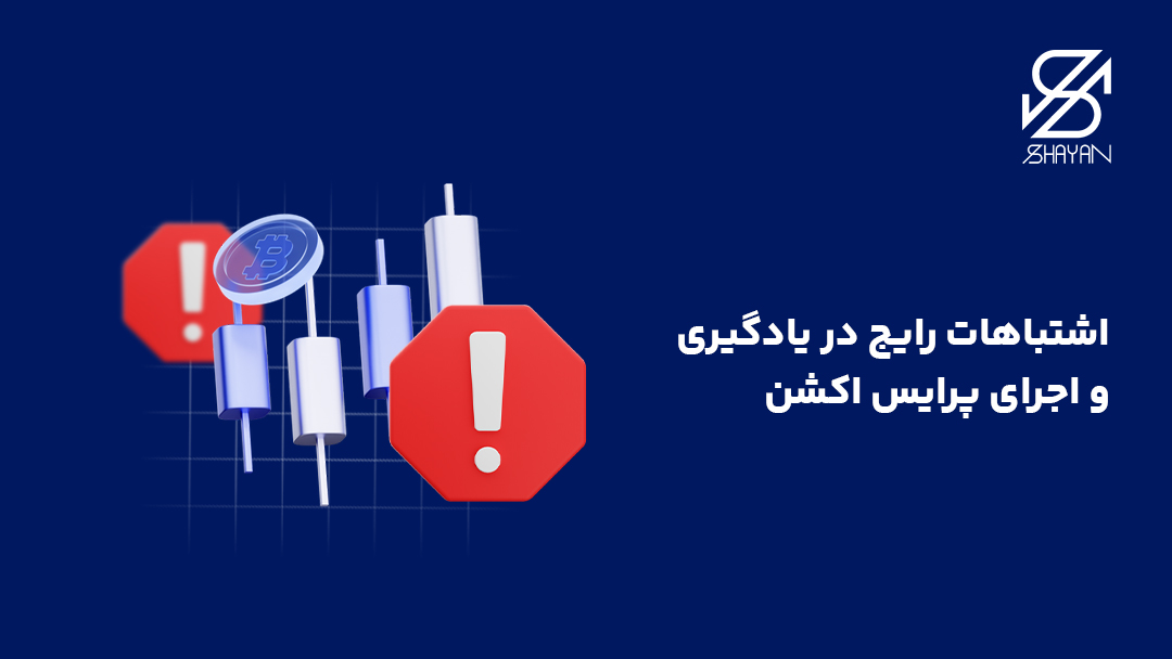 تصویر طراحی شده کندل های معاملاتی مربوط به عملکرد پرایس اکشن به همراه علامتهای هشدار و تیتر