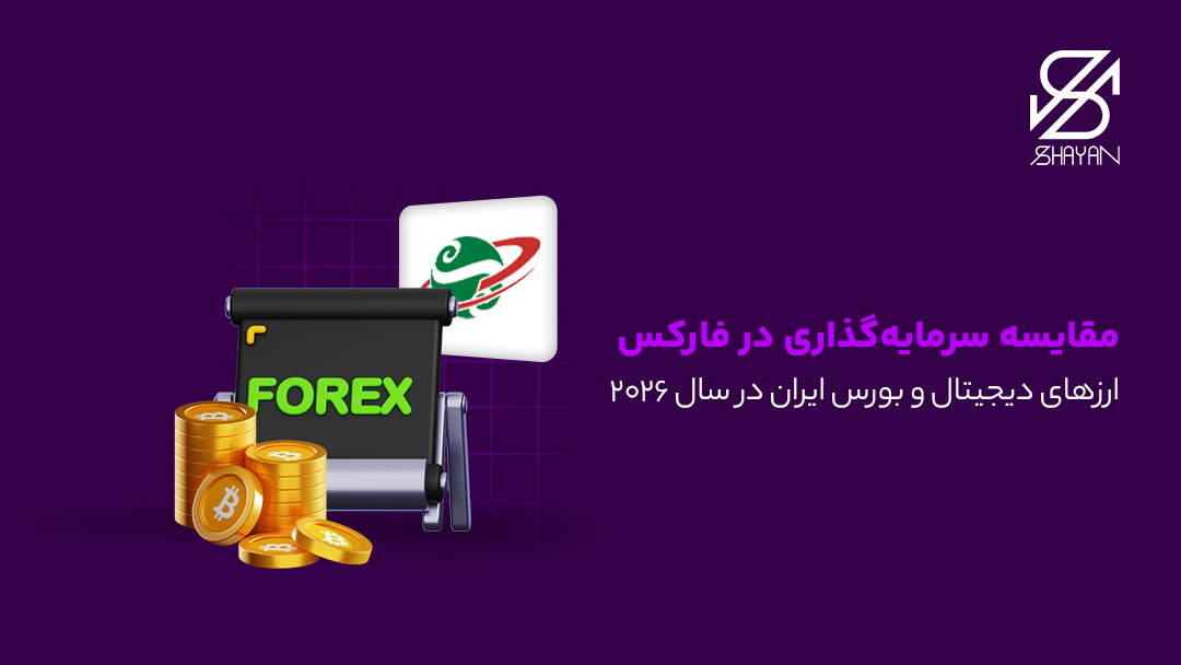 تصویر طراحی شده لوگوی فارکس به همراه لوگوی بورس ایران و سکههای بیت کوین در کنار آنها و تیتر