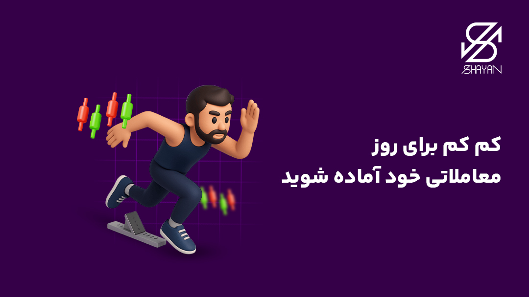 تصویر طراحی شده تریدری که لباس دونده به تن دارد و در نقطه شروع برای آغاز مسابقه آماده است به همراه کندلهای معاملاتی و تیتر