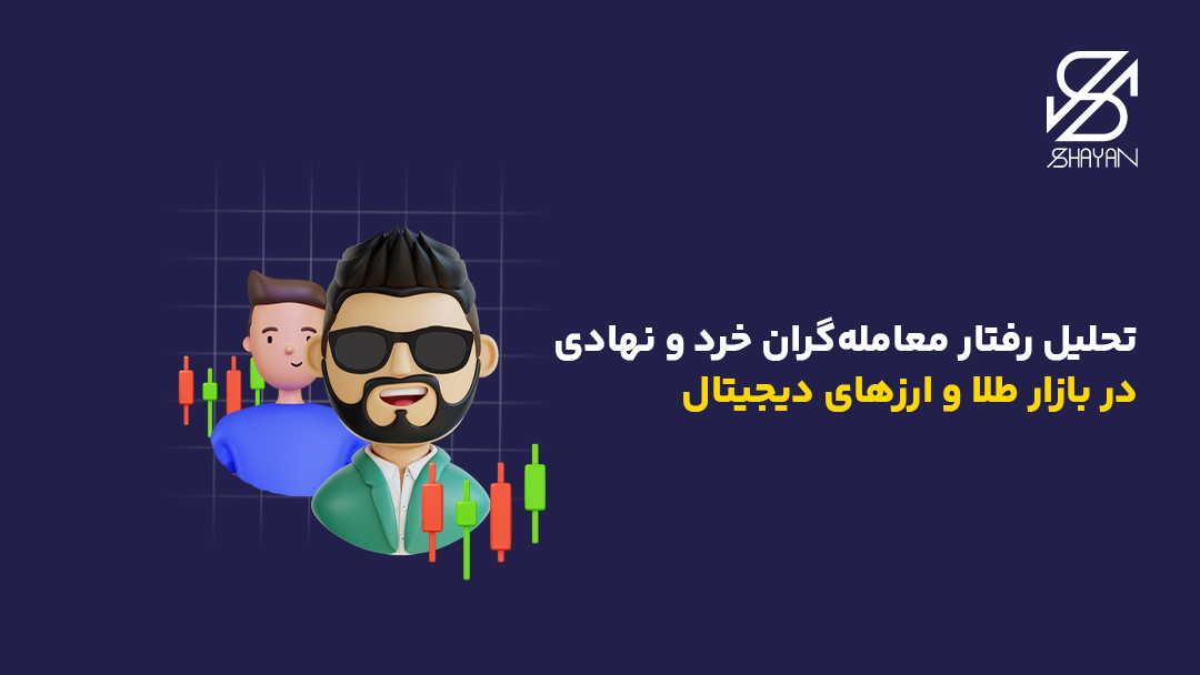 تصویر طراحی شده آدمکی به عنوان معامله گر خرد در کنار معاملهگری به عنوان نهادی به همراه کندل های معاملاتی و تیتر