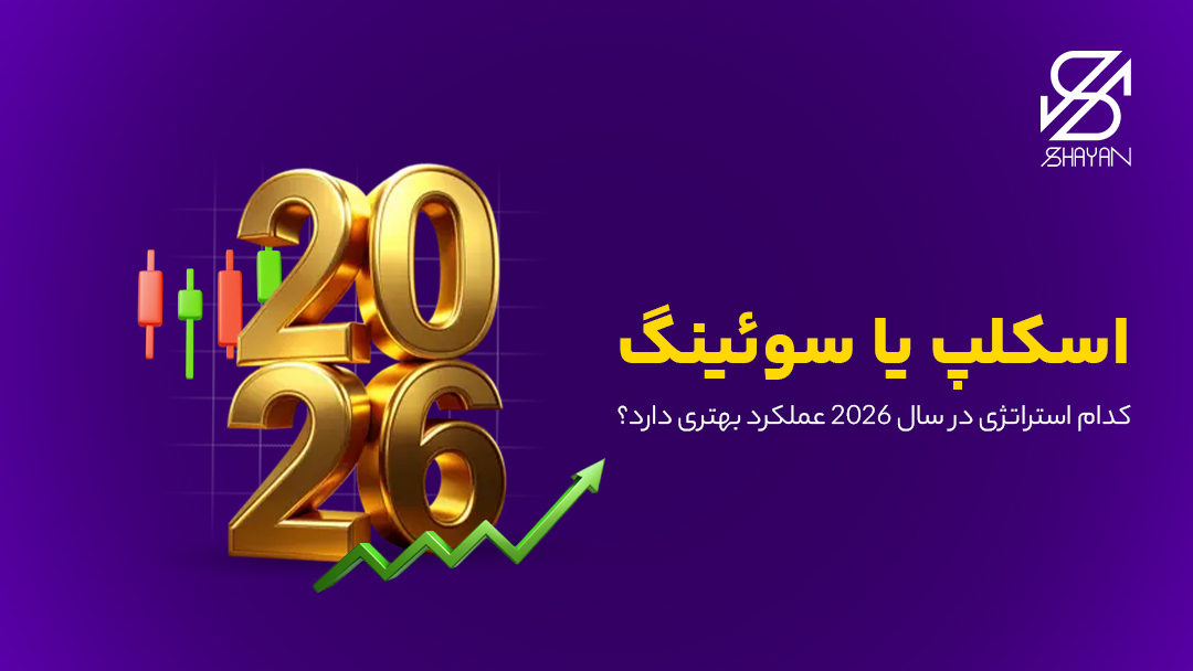 تایپوگرافی 2026 به همراه نمودار رو به رشد و کندلهای معاملاتی در پس زمینه و تیتر