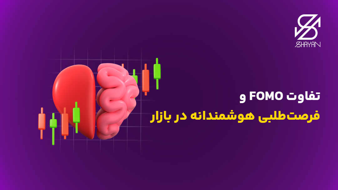 تصویر طراحی شده قلبی که نیمی از آن قلب و نیم دیگر آن مغز انسان است به همراه کندلهای معاملاتی