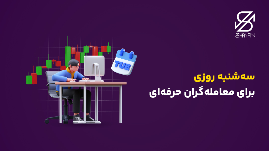 تصویر طراحی شده یک تریدر حرفهای که مشغول تریدر است به همراه تقویمی که روز سه شنبه را نشان میدهد و کندلهای معاملاتی در پس زمینه و تیتر