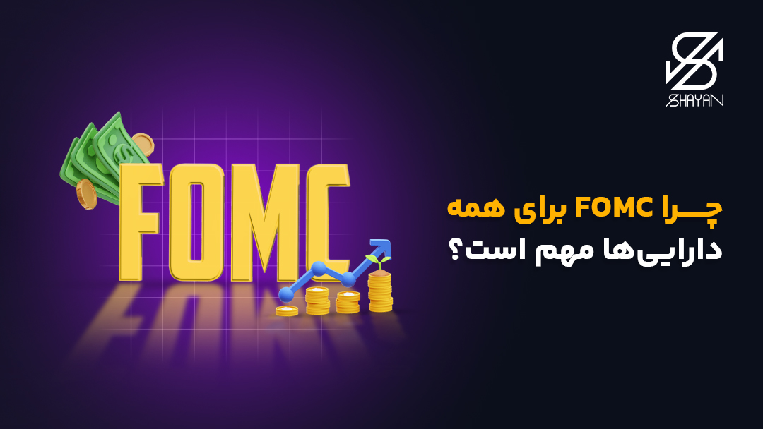 تصویر طراحی شده تایپوگرافی FOMC به همراه اسکناس های دلار و روندی که رشد سکههای طلا را نشان میدهد و تیتر
