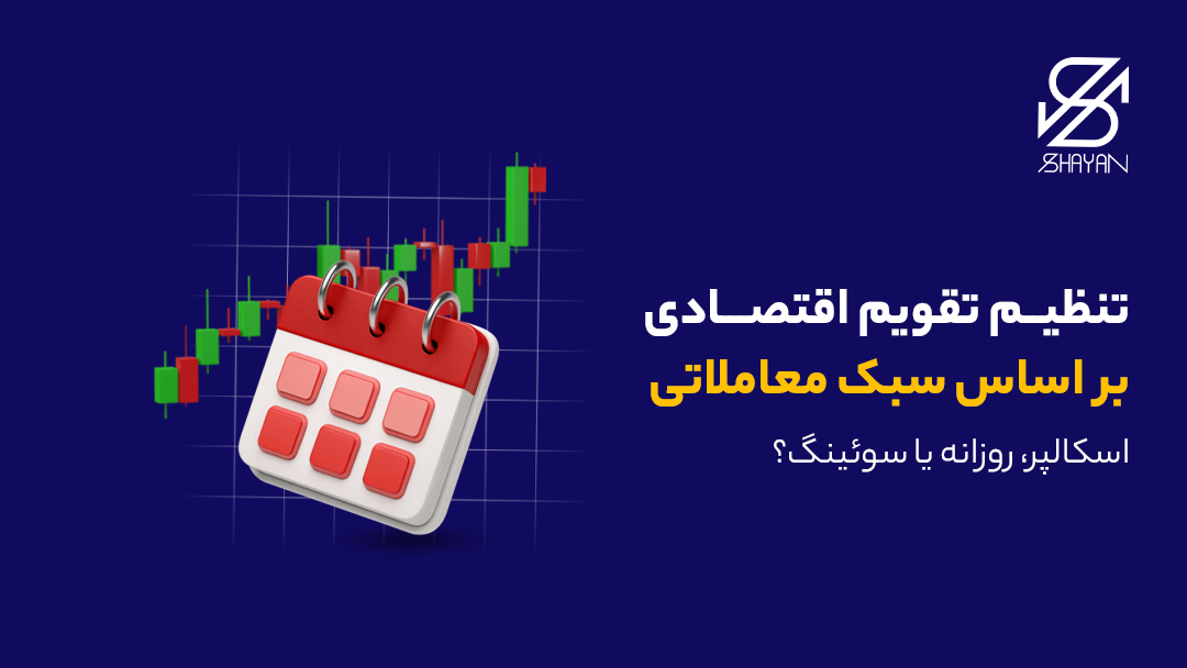 تصویر طراحی شده یک تقویم اقتصادی برزرگ و در پس زمینه کندلهای معاملاتی به همراه تیتر