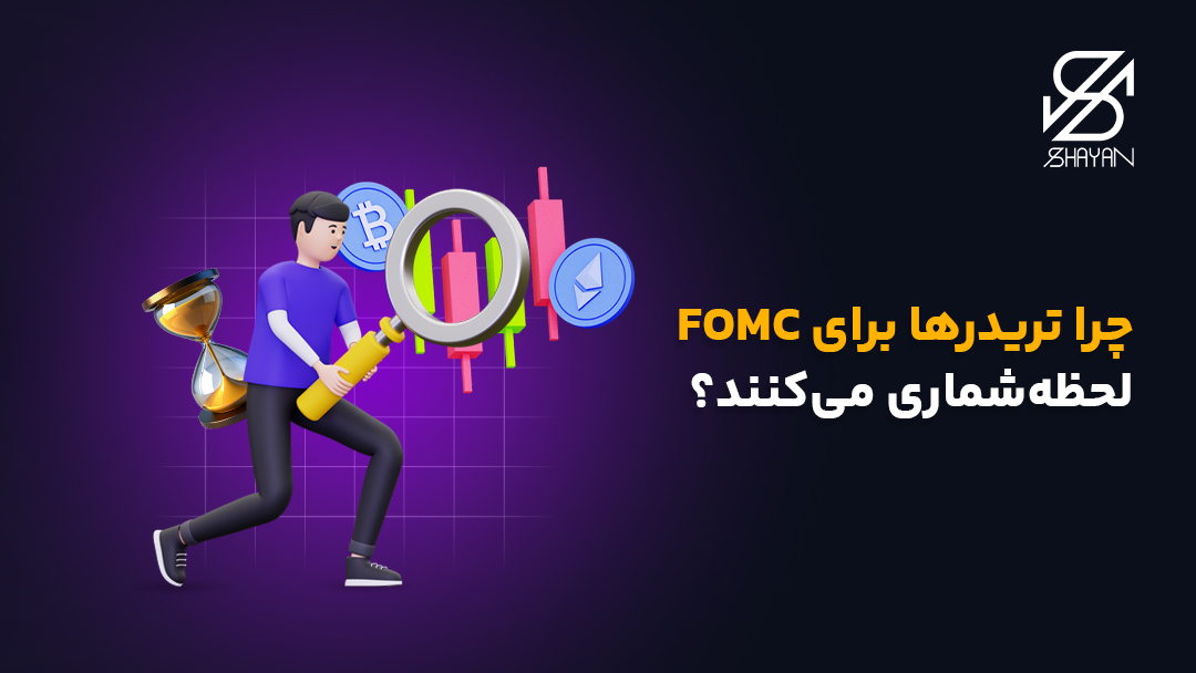 تصویر طراحی شده تریدری که منتظر FOMC است به همراه نمادهای ساعت شنی و کندلها معاملاتی و تیتر