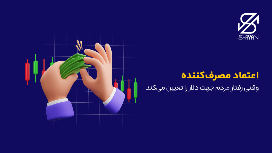 تصویر طراحی شده دستانی در حال شمردن دلار به همراه کندلهای معاملاتی در پس زمینه و تیتر