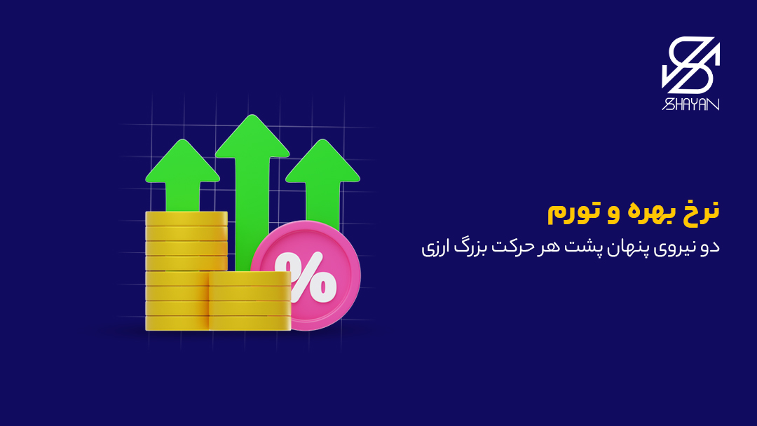 تصویر طراحی شده فلش هایی که روند صعودی را نشان میدهند به همراه ستون سکههای طلا و تیتر