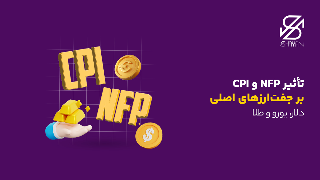 تصویر طراحی شده تایپوگرافی NFP و CPI به همراه دستهایی که شمش طلا و سکههای طلا را در اختیار دارند و تیتر